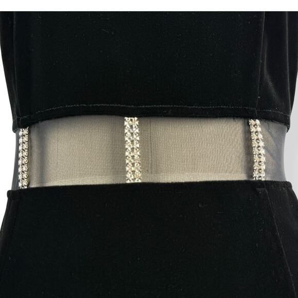 90's sexy black velvet long fitted dress with high slit and mesh crystal trim - Picture 12 of 16